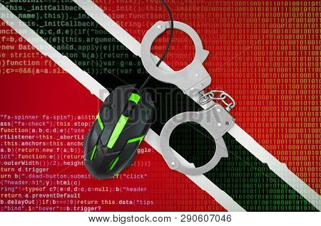Trinidad And Tobago Flag  And Handcuffed Computer Mouse. Combating Computer Crime, Hackers And Pirac