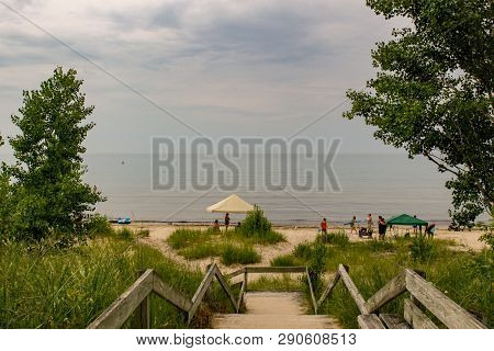 Boardwalk Leading To The Ipperwash Beach, Cloudy And Rainy Day