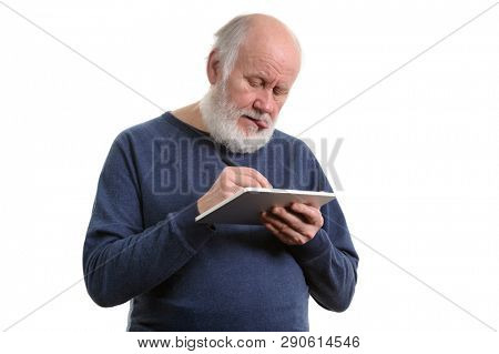 Funny bald and bearded old man using tablet computer, isolated on white