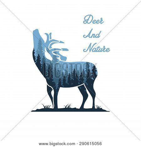 Silhouette Of A Deer And Wildlife. Vector Illustration With Mountain Landscape. Double Exposure With