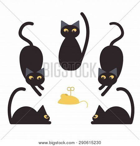 Black Cats And Fake Yellow Mouse. Childish Illustration With Cats