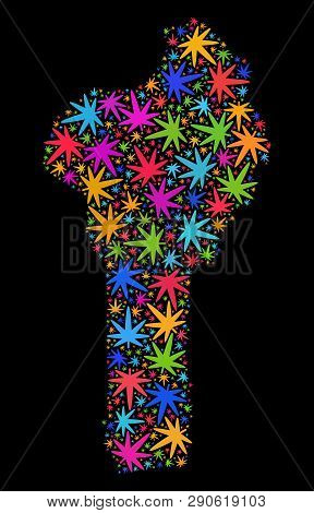 Bright Vector Marijuana Benin Map Collage On A Black Background. Concept With Psychedelic Weed Leave