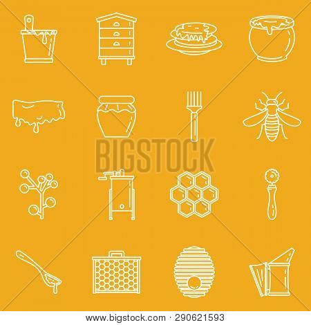 Honey Apiary Vector Outline Object Collection. Vector Set Of Natural Honey And Hive Of Bee Insect Is