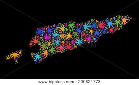 Bright Vector Cannabis East Timor Map Collage On A Black Background. Template With Colorful Weed Lea