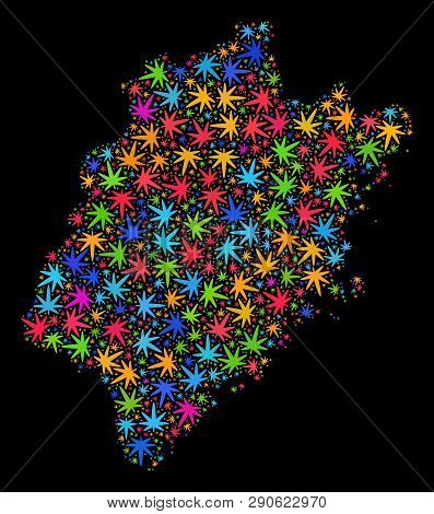 Bright Vector Marijuana Fujian Province Map Collage On A Black Background. Concept With Bright Weed 