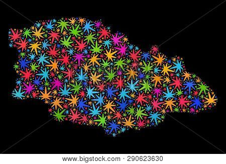 Bright Vector Cannabis Gozo Island Map Collage On A Black Background. Template With Psychedelic Weed