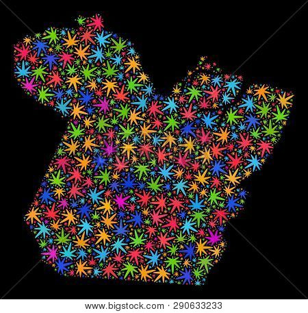 Bright Vector Cannabis Paral State Map Collage On A Black Background. Template With Bright Herbal Le