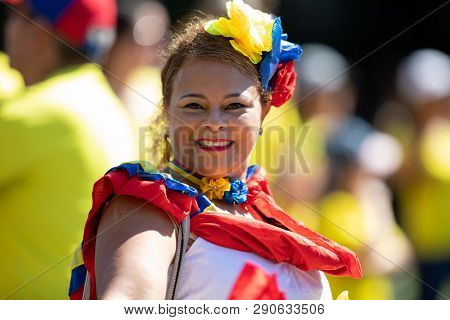 Washington, D.c., Usa - September 29, 2018: The Fiesta Dc Parade, Colombian Woman Wearing Traditiona