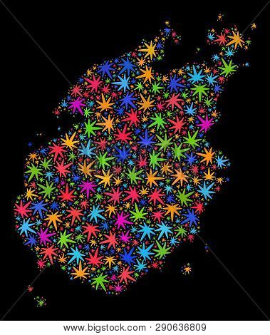 Bright Vector Cannabis Paros Island Map Mosaic On A Black Background. Concept With Colorful Weed Lea