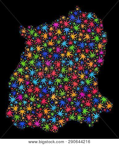 Bright Vector Marijuana Sikkim State Map Collage On A Black Background. Concept With Bright Weed Lea
