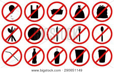stop using disposable plastic pack, bag, box, bottle, straw signs, say no to plastic in everyday life and zero waste concept, stock vector illustration clip art