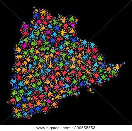 Bright Vector Marijuana Telangana State Map Mosaic On A Black Background. Concept With Colored Weed 