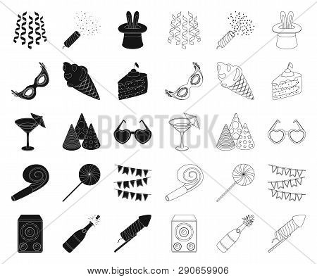 Party, Entertainment Black, Outline Icons In Set Collection For Design. Celebration And Treat Vector
