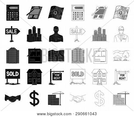 Realtor, Agency Black, Outline Icons In Set Collection For Design. Buying And Selling Real Estate Ve