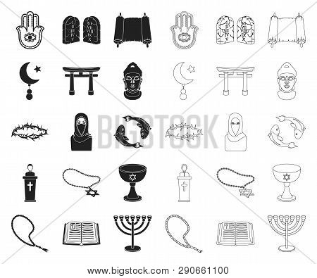 Religion And Belief Black, Outline Icons In Set Collection For Design. Accessories, Prayer Vector Sy