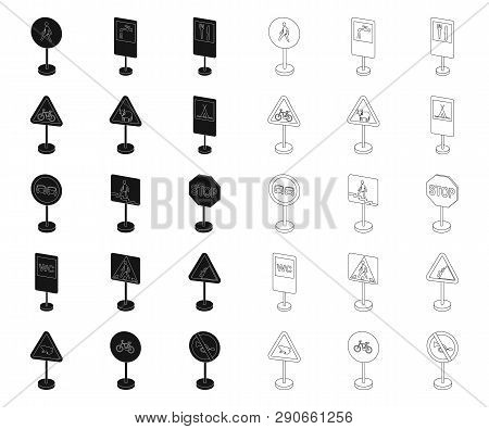 Different Types Of Road Signs Black, Outline Icons In Set Collection For Design. Warning And Prohibi