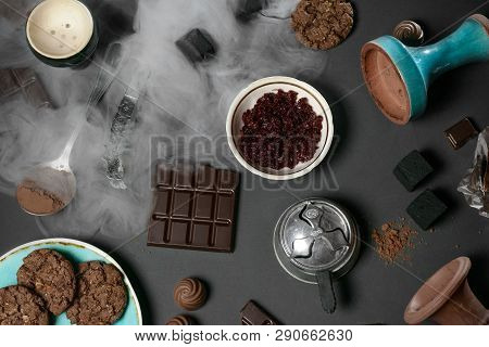 Set Of Objects Related To Smoking Hookah With Chocolate Aroma