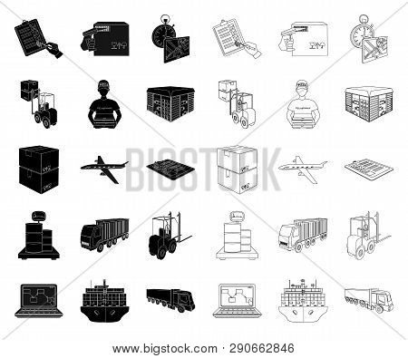 Logistics And Delivery Black, Outline Icons In Set Collection For Design. Transport And Equipment Is