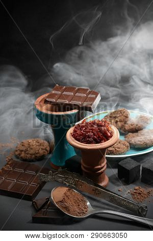 Set Of Objects Related To Smoking Hookah With Chocolate Aroma