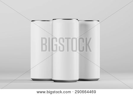 Three White Aluminum Beverage Cans On A Light Background. Mock Up. 3d Rendering