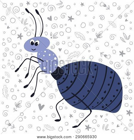 Vector Cute Cartoon Bug Or Beetle - Ant, Flat And Doodles, Scandinavian Style. Isolated Object On Wh