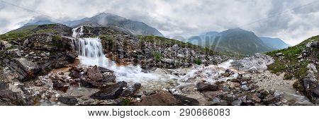 Mountain Waterfall Stream In Misty Rainy Weather In The Valley Flowers. Cylindrical Panorama 360