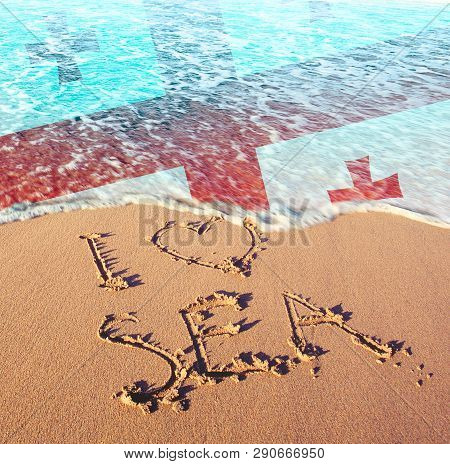 Beach Sand, Sea And Flag Georgia. I Love Georgia Concept