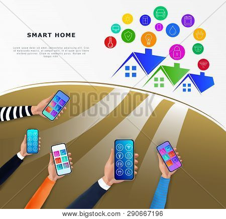 Smart Home Control Technology Concept. Iot Or Intrnet Of Things. Hands Holding Smartphone With Mobil