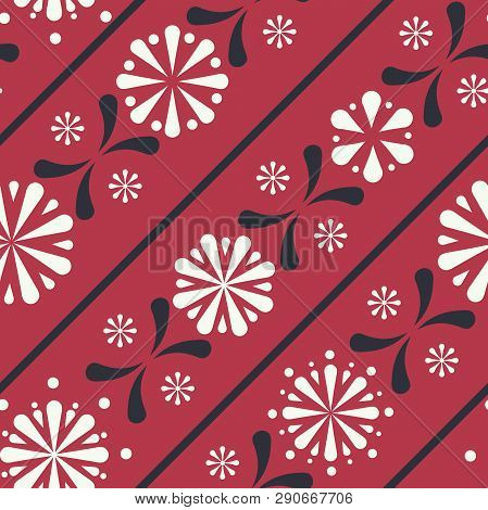 Vector Diagonal Folklore Floral Stripes Seamless Pattern Background.