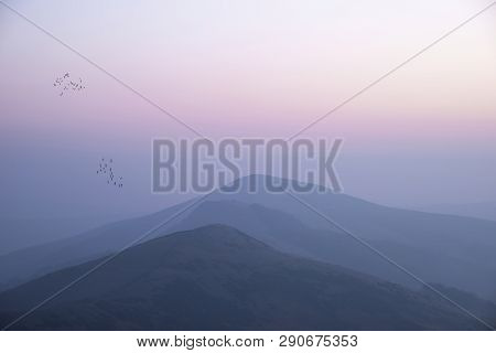 Beautiful Winter Sunrise Landscape Image Of The Great Ridge In The Peak District In England With  Bi