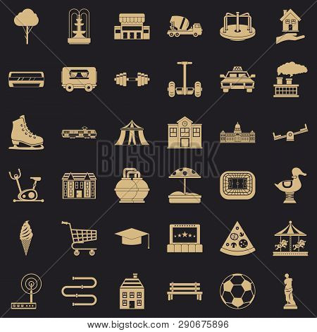 Urban Thing Icons Set. Simple Style Of 36 Urban Thing Vector Icons For Web For Any Design
