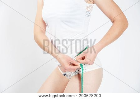 Woman Body After Weight Loss. Cropped Close Up Photo Of Fatless Slender Body Parts And Proportions W