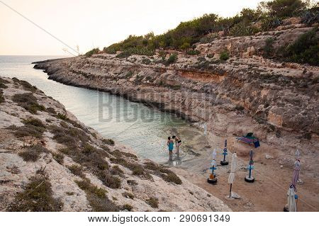 Lampedusa, Italy - July, 29: View Of Cala Greca At Sunset In The Summer Season On July 29, 2018