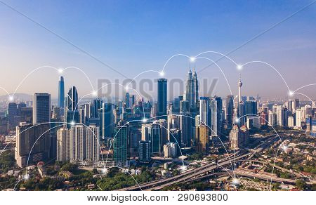 Digital Network Connection Lines Of Kuala Lumpur Downtown, Malaysia. Financial District And Business