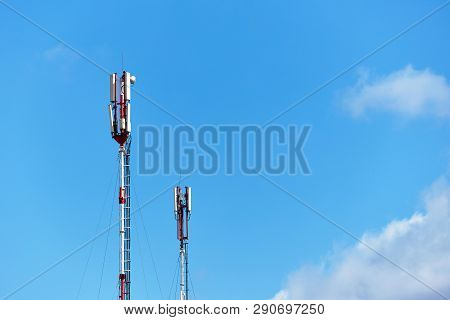 Technology On The Top Of The Telecommunication Gsm (5g,4g) Tow Towers With Copy Space. Two Cellular 