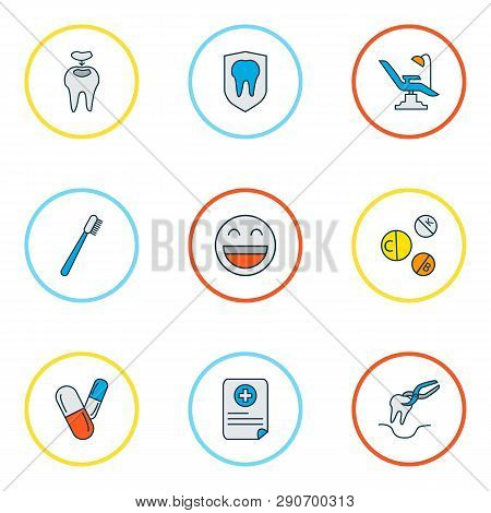 Enamel Icons Colored Line Set With Pills, Dentist, Toothbrush And Other Cavity Elements. Isolated Ve