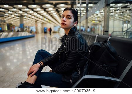 Woman Traveling With Carry On Backpack Hand Luggage To Destination With Low Cost Avio Company With S