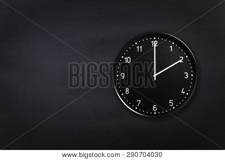 Wall Clock Showing Two Oclock On Black Chalkboard Background. Office Clock Showing 2am Or 2pm On Bla