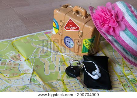 The Map, Car Key, Pink Hat, Earphones For Phone Are Necessary For A Summer Travel To Spain. Set Of T