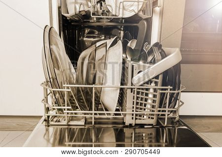 Open Dishwasher Machine With Clean Dishes And Cutlery, Tableware, Vintage Style.