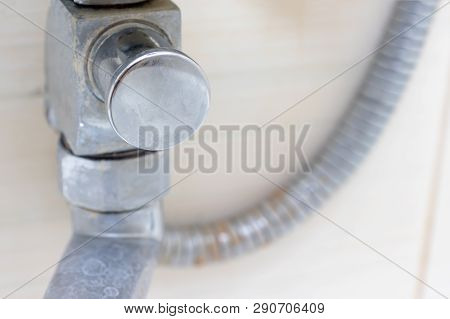 Detail Of Dirty Calcified Shower Mixer Tap And Shower Hose, Faucet With Limescale Or Lime Scale On I