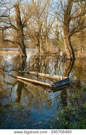 Submerged Boat River Nature Landscape.nature Landscape. Clouds And River Landscape. Outdoor Travelin