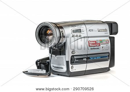 Korolev, Russia - March 20, 2019: Old Vhs Panasonic Video Camera Isolated On White Background.