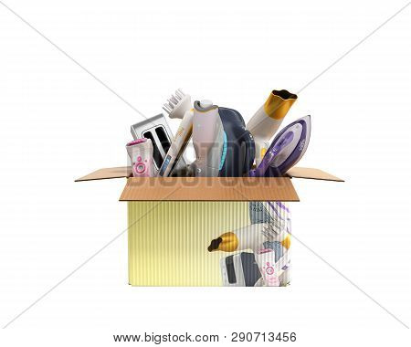 Concept Of Product Categories Small Household Appliances In The Box On White Background No Shadow