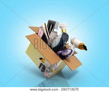 Concept Of Product Categories Small Household Appliances In The Box 3d Render On Blue Background