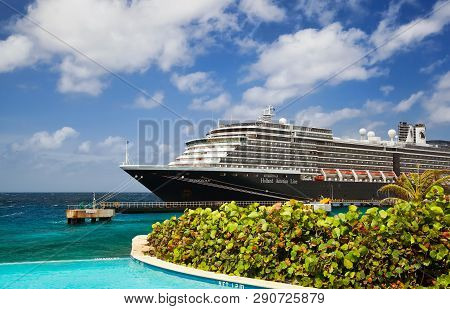 Willemstad, Curacao - April 05, 2018: View From Infinity Pool On Cruise Ship Zuiderdam, Holland Amer