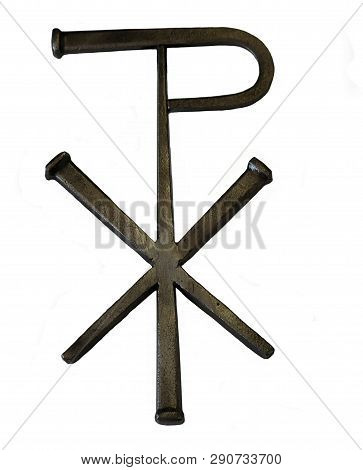 Close-up Of Metal Letters P And X Intersect To Make Chi Rho The First Two Greek Letters In The Name 
