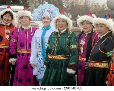 Ulan-ude, Russia, March 10, 2019: The Celebration Of The Maslenitsa Shrovetide In The City. Women In
