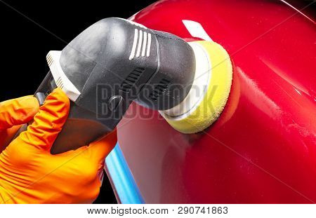 Car Polish Wax Worker Hands Applying Protective Tape Before Polishing. Buffing And Polishing Car. Ca