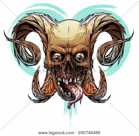 Detailed Graphic Realistic Horrible Colorful Black And White Human Skull With Big Sharp Deamon Horns
